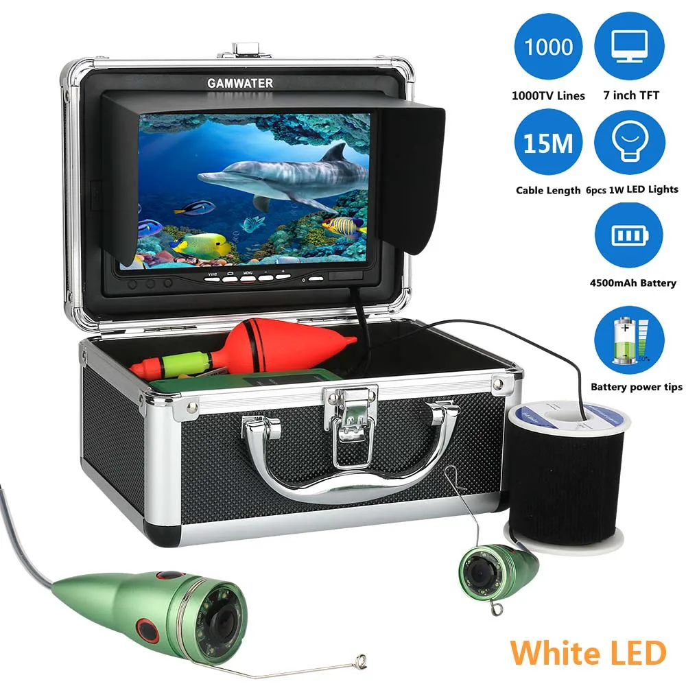 

GAMWATER 7" Inch HD 1000tvl Underwater Fishing Video Camera Kit 6pcs 1W White LEDs Lights Video Fish Finder 15M 20M 30M 50M