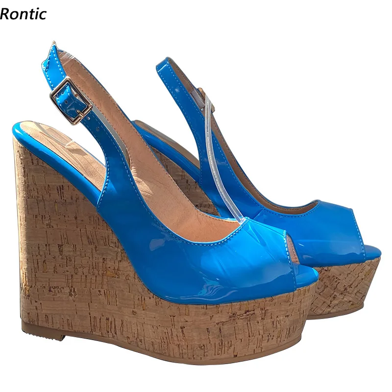 Rontic New Arrival Women Sandals Patent Leather Wedges Heels Peep Toe Sky Blue Pink White Black Party Shoes Size 34 45 47 52
Rontic New Arrival Women Sandals Patent Leather Wedges Heels Peep Toe Sky Blue Pink White Black Party Shoes Size 34 45 47 52