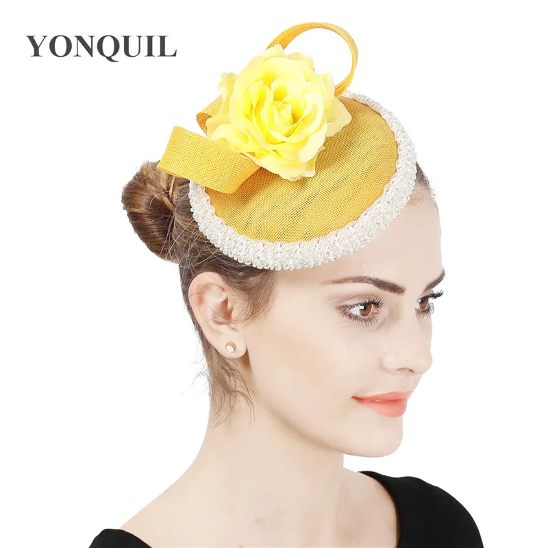 

Elegant Bride Wedding Millinery Cap Yellow Fascinator Hats Women Formal Party Dinner Headpiece With Hair Clips Marriage Chapeau