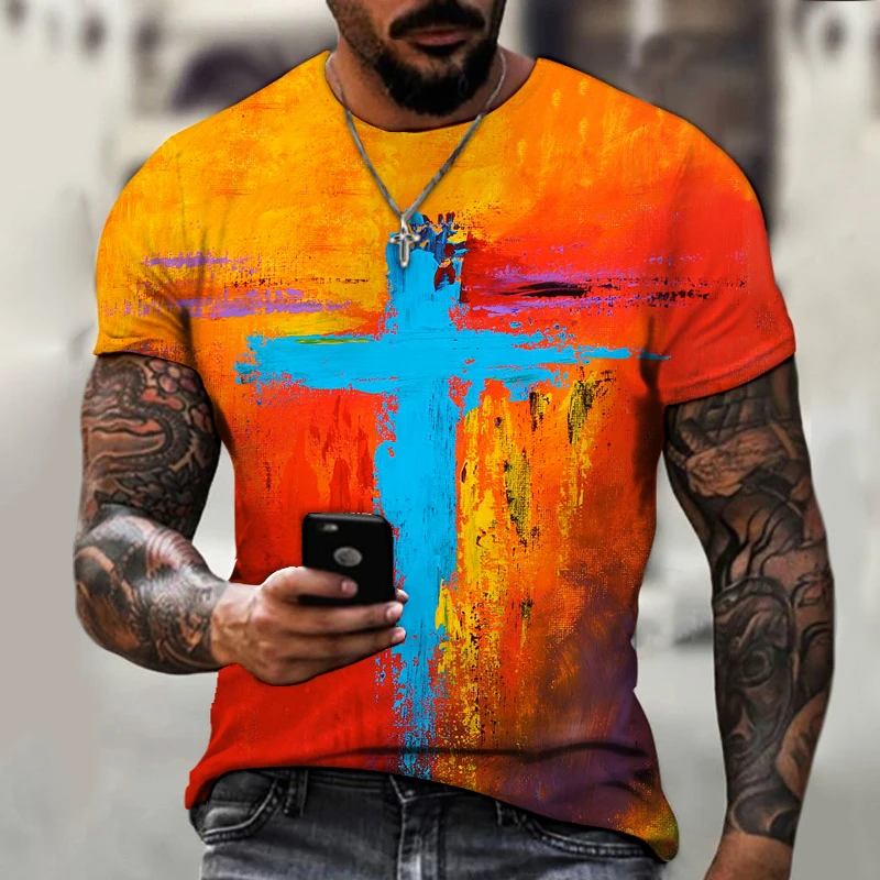 International new European and American men's short-sleeved cross faith 3D printing street trend summer men's T-shirt tops
International new European and American men's short-sleeved cross faith 3D printing street trend summer men's T-shirt tops