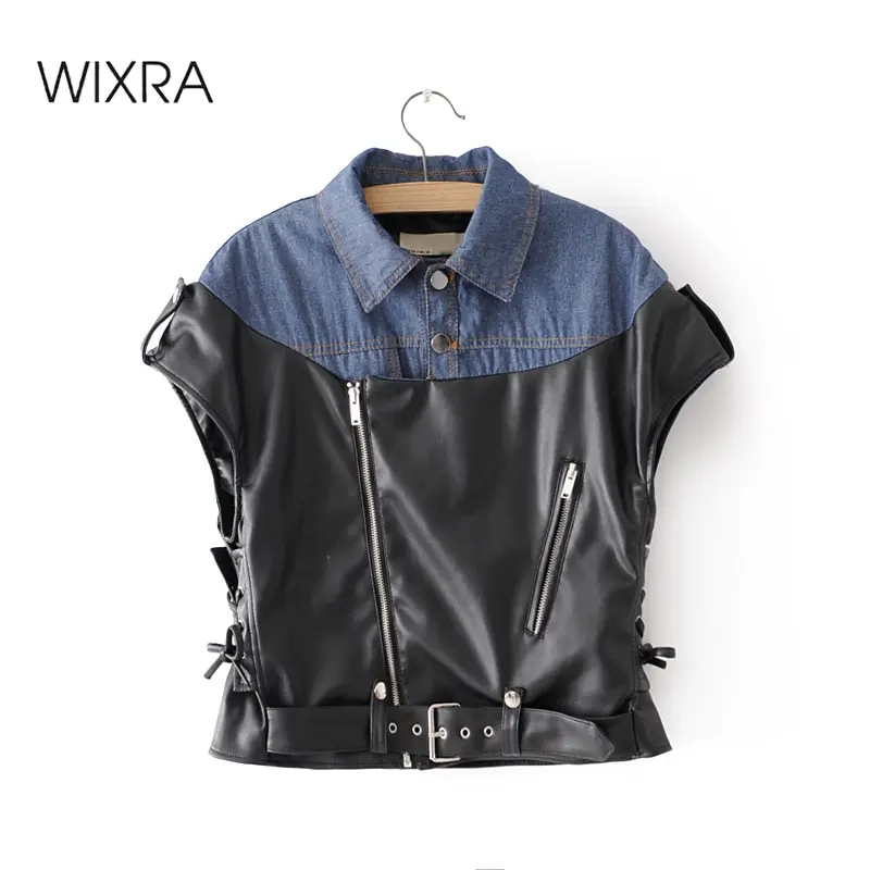 Wixra PU Denim Patckwork Vest Sleeveless Jacket Spring Summer Ladies Turn Down Collar High Street For Women
Wixra PU Denim Patckwork Vest Sleeveless Jacket Spring Summer Ladies Turn Down Collar High Street For Women