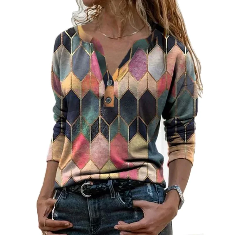 2021 European and American Large Women's Slim V-neck Women's Top Printed V-neck T-shirt Lapel Long Sleeve T-shirt Women
2021 European and American Large Women's Slim V-neck Women's Top Printed V-neck T-shirt Lapel Long Sleeve T-shirt Women