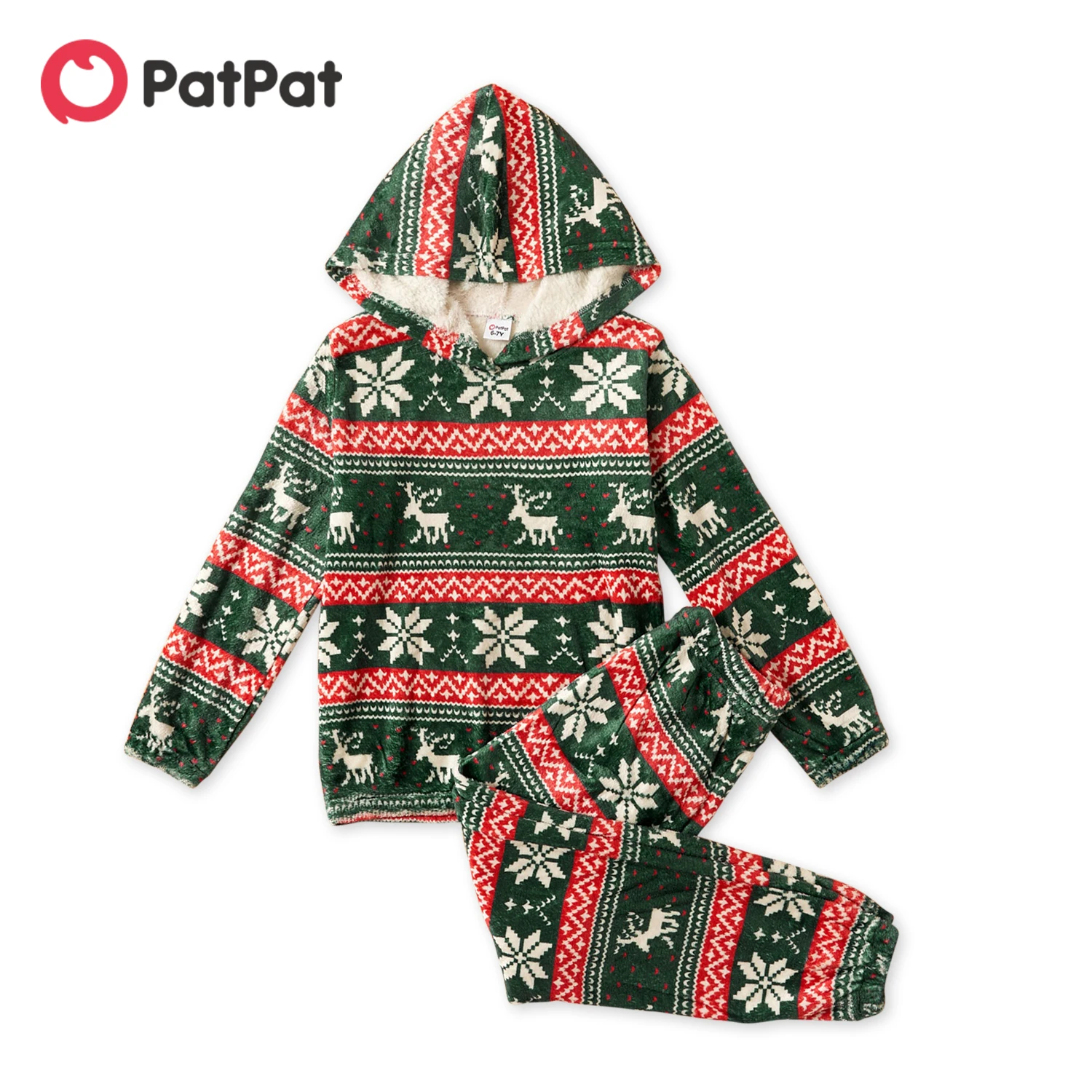 

PatPat 2-piece Kid Boy/Kid Girl Christmas Deer Snowflake Fuzzy Hooded Set