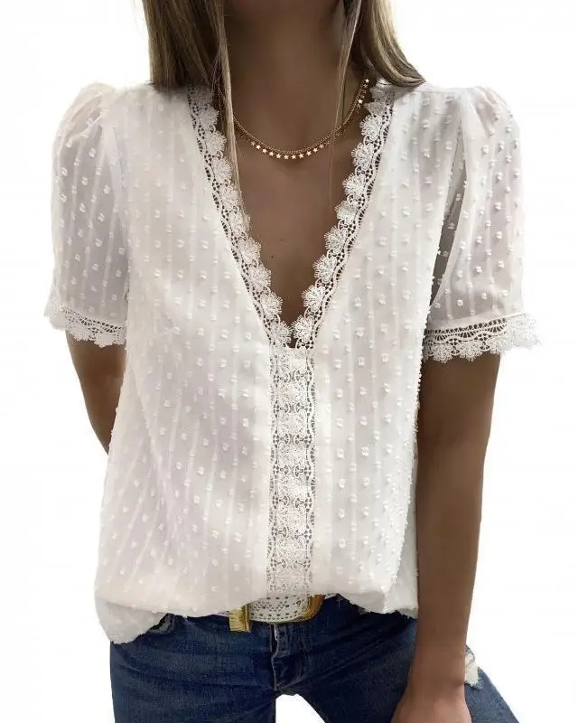 Mandylandy T-shirt Summer Short Sleeve V-neck Embroidery Loose Hollow Out T-shirt Women's Solid Color Lace Stitching T-shirt
Mandylandy T-shirt Summer Short Sleeve V-neck Embroidery Loose Hollow Out T-shirt Women's Solid Color Lace Stitching T-shirt