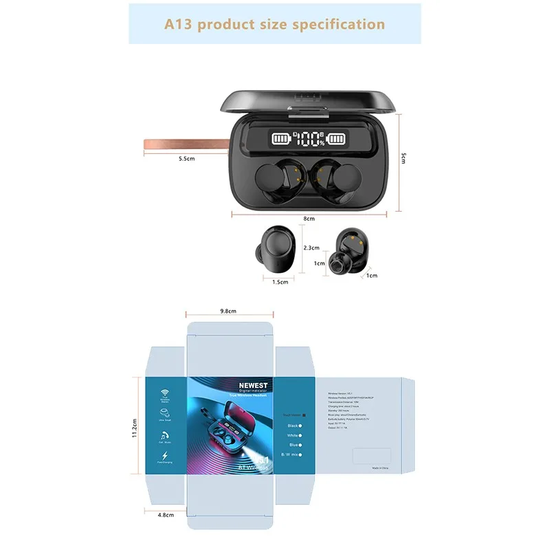 A13 TWS 5.0 Bluetooth 9D Stereo Earphone Wireless Earphones IPX7 Waterproof Earphones With 2000mAh LED Smart Power Bank
A13 TWS 5.0 Bluetooth 9D Stereo Earphone Wireless Earphones IPX7 Waterproof Earphones With 2000mAh LED Smart Power Bank