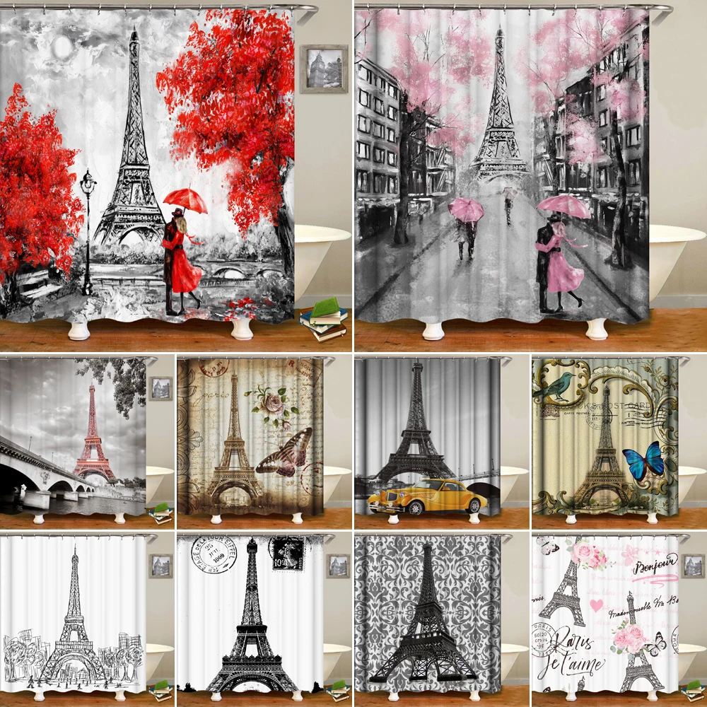 

Paris Tower Lover Hug Shower Curtains Bathroom Curtain Black and White Landscape Polyester Waterproof Bath Screen Home Decor