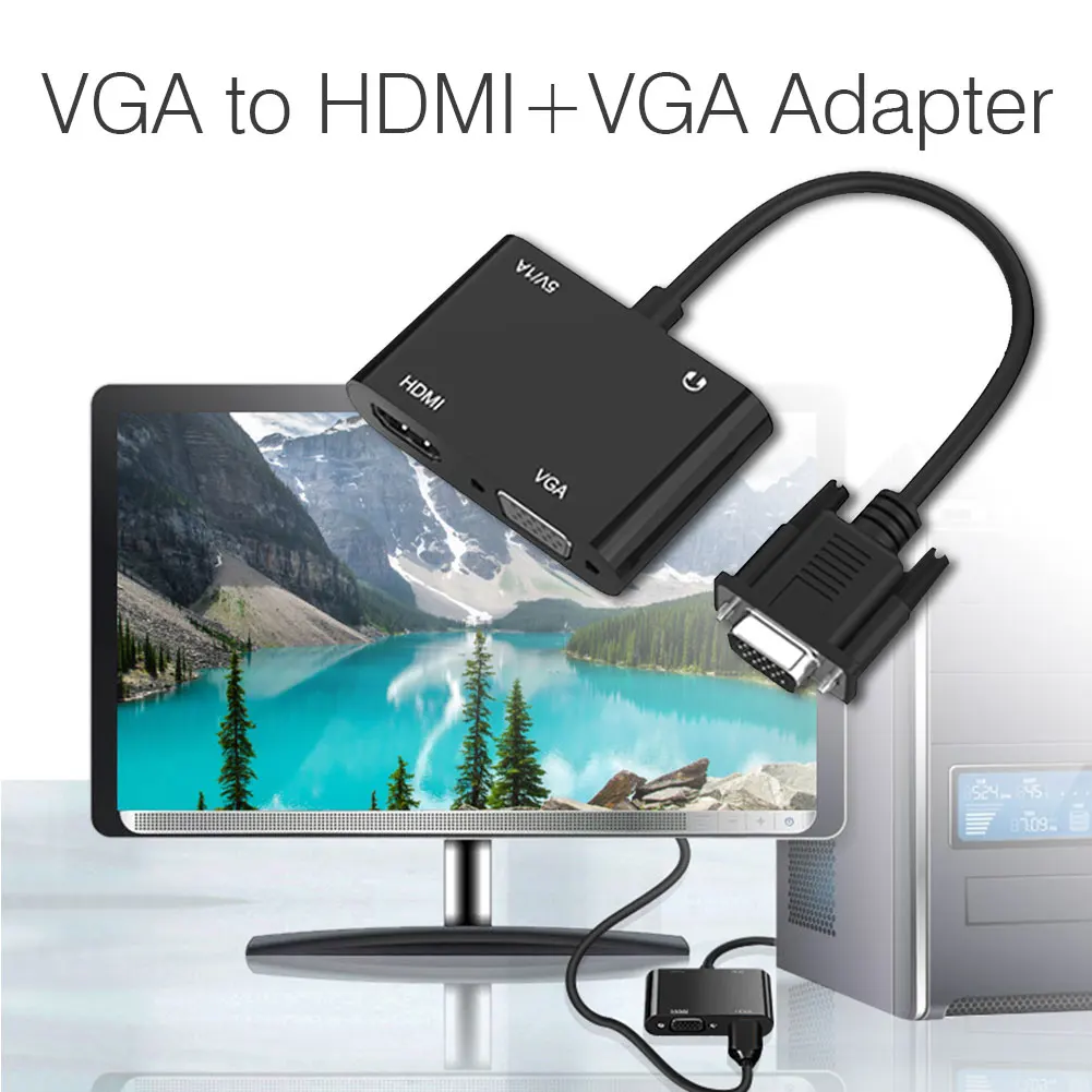 2 in 1 VGA to VGA+HDMI-compatible Adapter HD 1080P Dual-Monitor Audio/Video Converter VGA Splitter for PC Notebook Projector 
2 in 1 VGA to VGA+HDMI-compatible Adapter HD 1080P Dual-Monitor Audio/Video Converter VGA Splitter for PC Notebook Projector