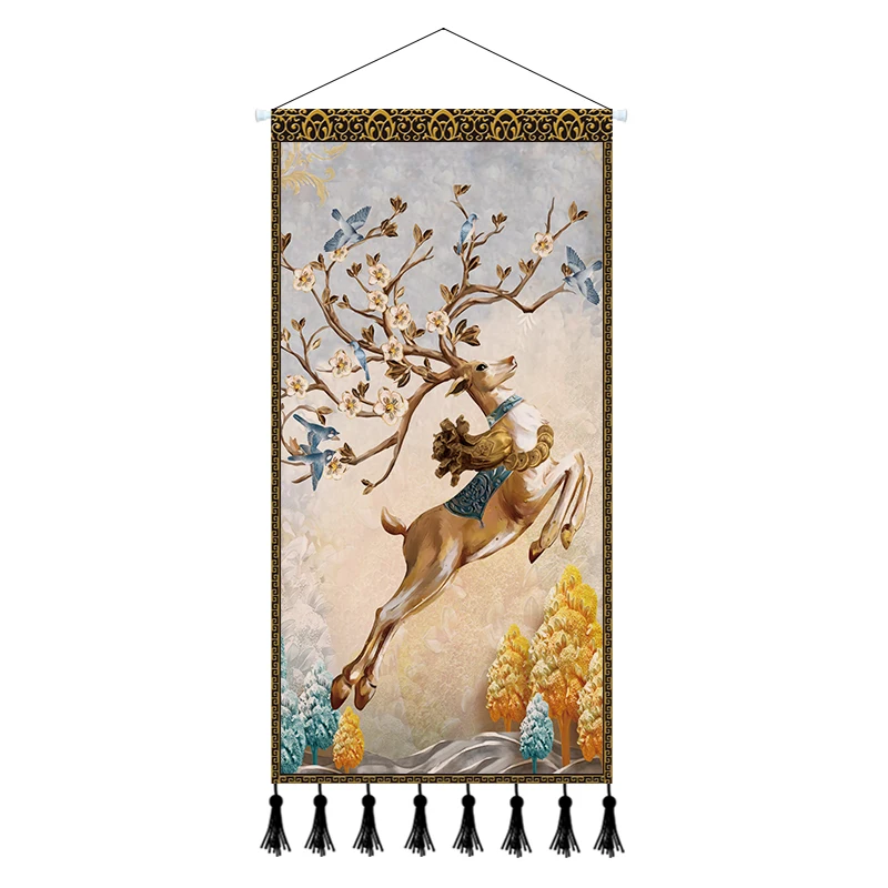 

Canvas Painting Chinese Style Sika deer Art Print Poster Wall Pictures Home Living Room Decor Scroll Painting Hang Room Decor