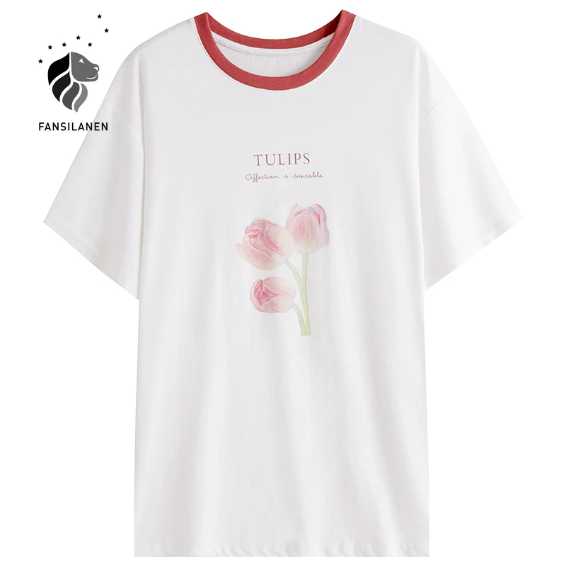 FANSILANEN Office Lady 100% Cotton White Floral Print Short-sleeved T-shirt Women Summer Thin Section 2021 New Round Neck Top
FANSILANEN Office Lady 100% Cotton White Floral Print Short-sleeved T-shirt Women Summer Thin Section 2021 New Round Neck Top