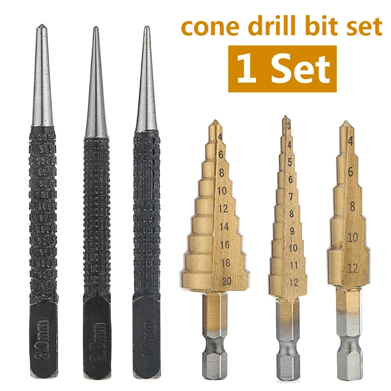 3Pcs Two Flute HSS Hex Shank Titanium Step Drill With 3pc Center Drill Metal Hole Cutter Bit Set Home DIY Construction Tool
3Pcs Two Flute HSS Hex Shank Titanium Step Drill With 3pc Center Drill Metal Hole Cutter Bit Set Home DIY Construction Tool
