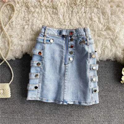 2021 Spring And Summer New Fashion Slim Slim High Waist Wild Breasted A-line Denim Skirt Jean Skirts