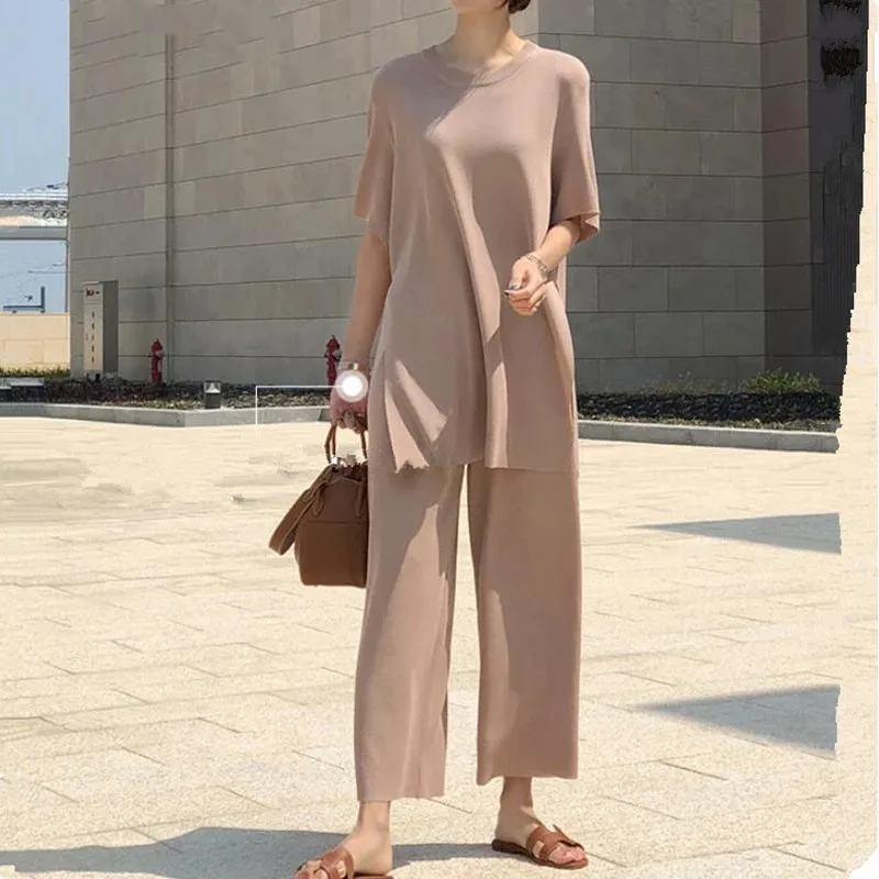 Fashion Temperament Ice silk Knitted Two piece Casual set Women Long Pullovers Tops and wide-leg pants Suits High Quality 
Fashion Temperament Ice silk Knitted Two piece Casual set Women Long Pullovers Tops and wide-leg pants Suits High Quality