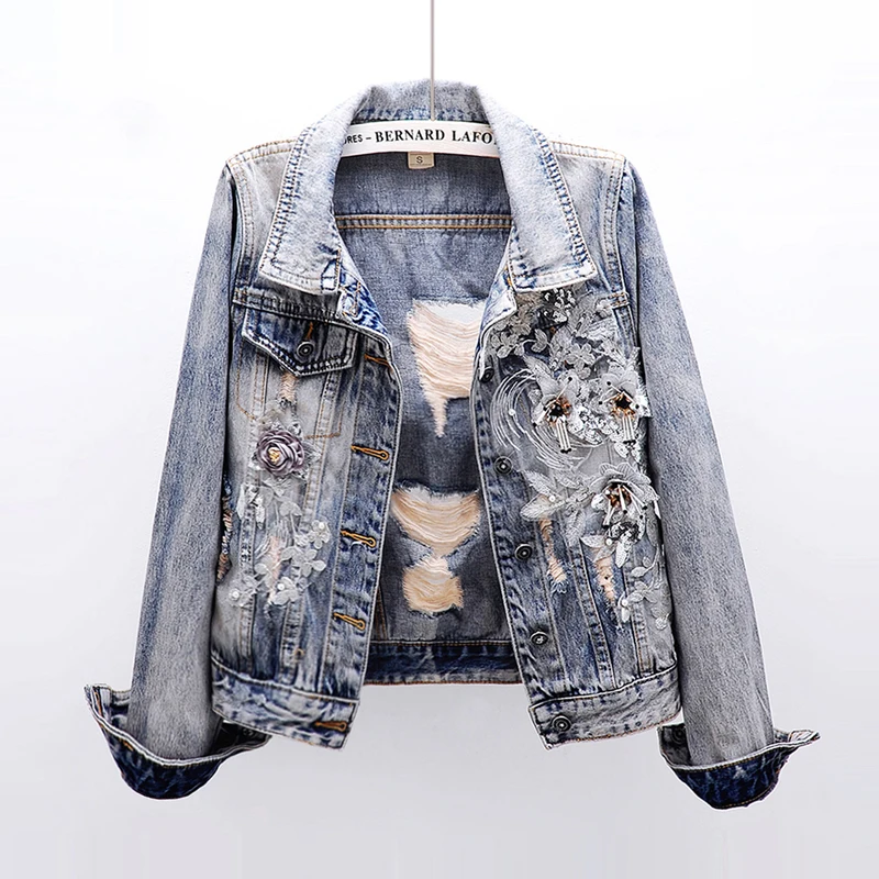Vintage Short Denim Jacket Women Spring Autumn New Fashion Beaded Flower Slim Hole Jeans Jacket Long Sleeve Outerwear tide G050
Vintage Short Denim Jacket Women Spring Autumn New Fashion Beaded Flower Slim Hole Jeans Jacket Long Sleeve Outerwear tide G050