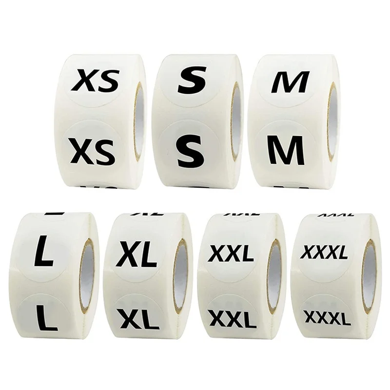 500pcs/roll clothing size round sticker label black text white sticker label 7 kinds of clothing size label
500pcs/roll clothing size round sticker label black text white sticker label 7 kinds of clothing size label