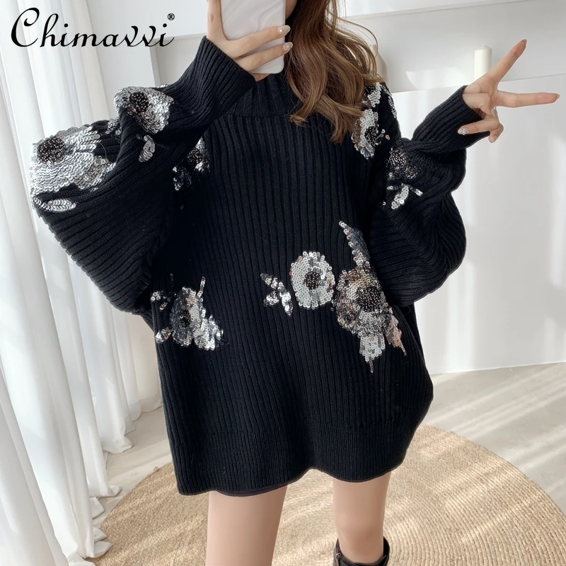 Women's Batwing Sleeve Loose Sweater 2021 Autumn Winter Black Sequined Casual Pullover Female Thickened Loose Jumper
Women's Batwing Sleeve Loose Sweater 2021 Autumn Winter Black Sequined Casual Pullover Female Thickened Loose Jumper