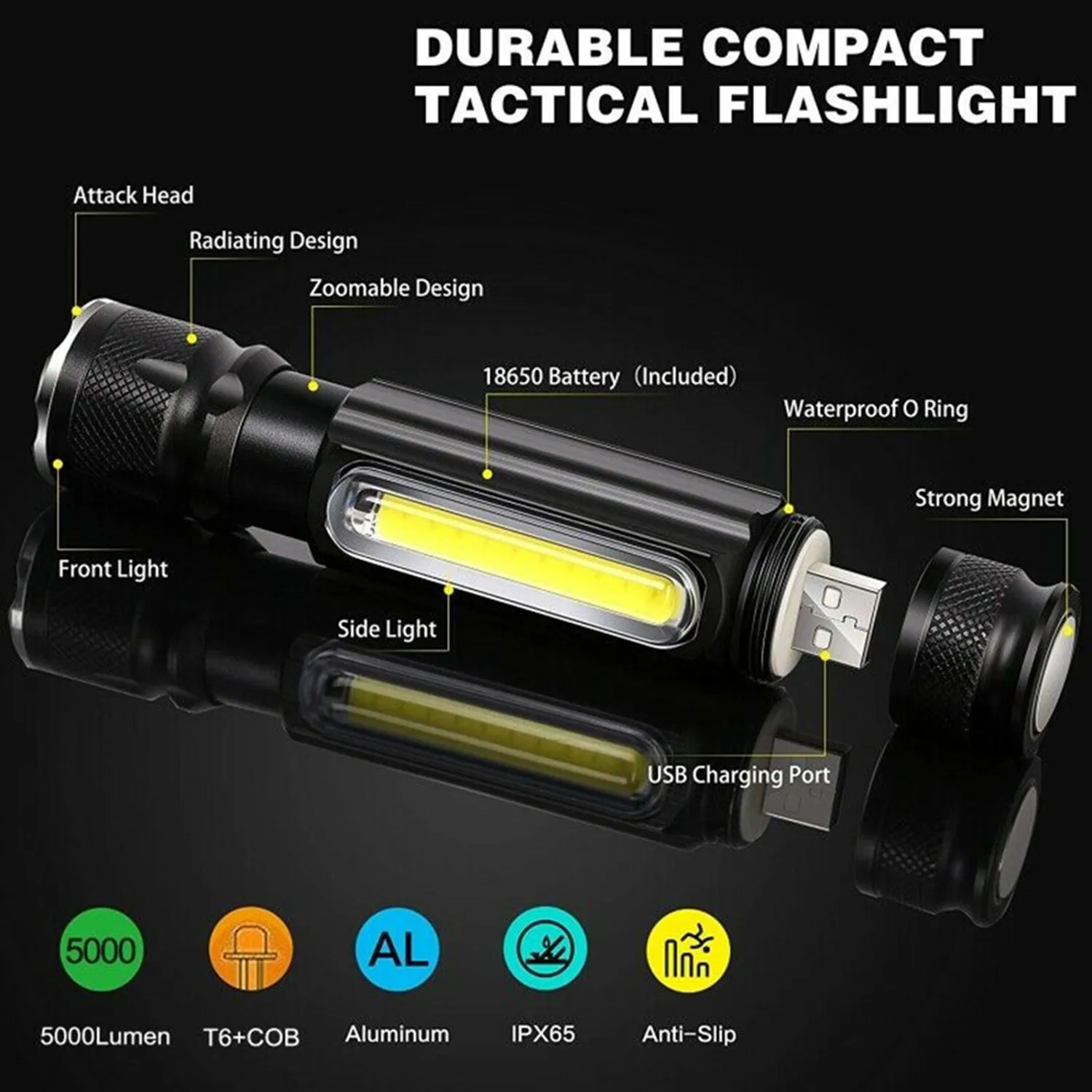 1pc 5000LM LED Flashlight USB Cable T6 COB Zoomable Torch Work Light Tail W/ Magnet 4 Modes For Hunting Cycling Climbing Camping
1pc 5000LM LED Flashlight USB Cable T6 COB Zoomable Torch Work Light Tail W/ Magnet 4 Modes For Hunting Cycling Climbing Camping