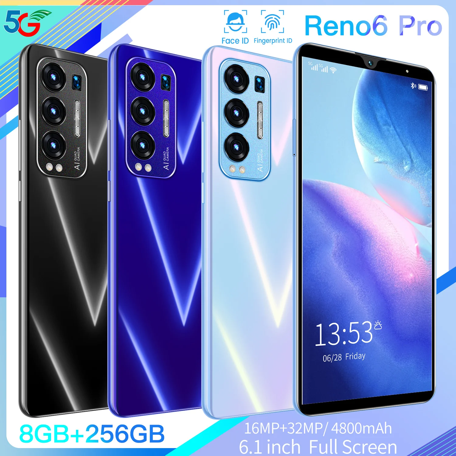 Cheap Mobile Phone RENO6PRO 8+128GB 6.1 Inch 1440*3040 Android 10 Fingerprint Unlock 16+32MP 4800mAh Smartphone MTK6797 Celular
Cheap Mobile Phone RENO6PRO 8+128GB 6.1 Inch 1440*3040 Android 10 Fingerprint Unlock 16+32MP 4800mAh Smartphone MTK6797 Celular