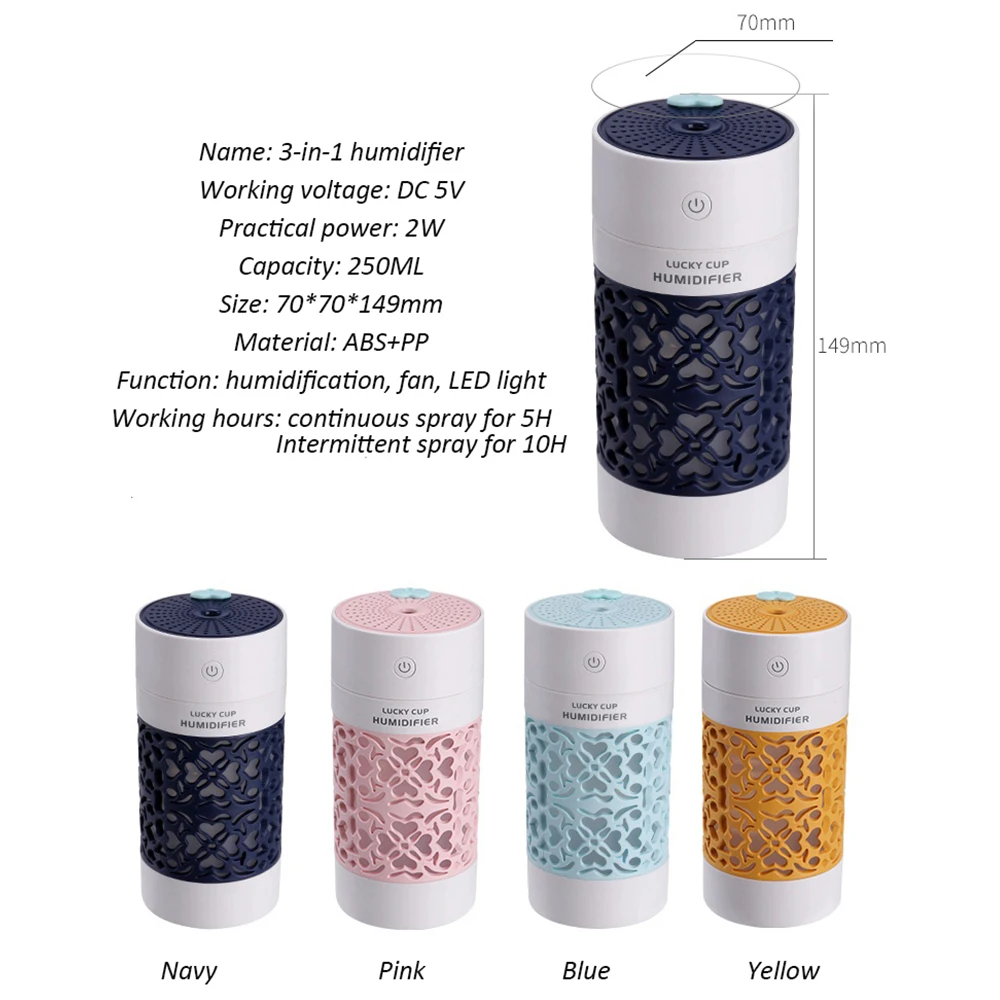Lucky Cup Air Humidifier 250ML 3 In 1 USB Aroma Essential Oil Diffuser With Color Light For Office Car Living Room Humidificador
Lucky Cup Air Humidifier 250ML 3 In 1 USB Aroma Essential Oil Diffuser With Color Light For Office Car Living Room Humidificador