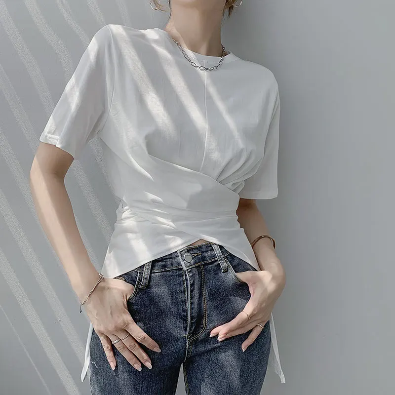Women Solid Color Short Sleeve Loose Summer T-shirts High Street Fashion Asymmetrical Cross Wrap Waist Tops Ladies Elegant Tees
Women Solid Color Short Sleeve Loose Summer T-shirts High Street Fashion Asymmetrical Cross Wrap Waist Tops Ladies Elegant Tees