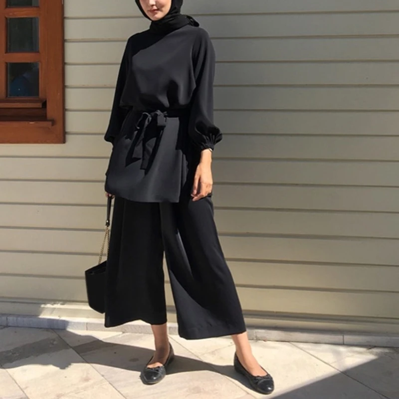 

Women Muslim Summer 2Pcs Outfits Set Long Sleeve Belted Tunic Tops Wide Leg Loose Pants Solid Color Dubai Kaftan Hijab