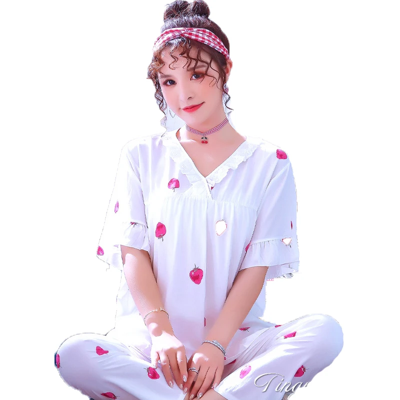 Summer Pajamas for Women Short Sleeve V Neck Tops and Pants Two Piece Sleepwear Women's Pyjamas Sets Home Clothes Pyjama Femme
Summer Pajamas for Women Short Sleeve V Neck Tops and Pants Two Piece Sleepwear Women's Pyjamas Sets Home Clothes Pyjama Femme