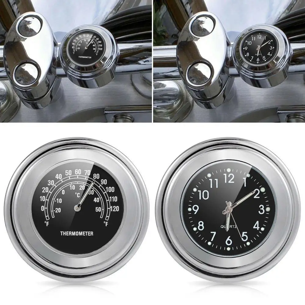 

22-25mm Motorcycle Handlebar Clock Thermometer Waterproof Dial Handlebar Mount for Yamaha Kawasaki etc