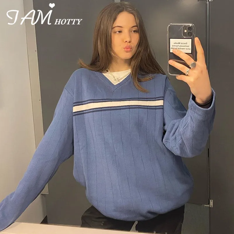 Женский трикотажный свитер Iamhotty, синий вязаный джемпер в полоску с V-образным вырезом, Осень-зима 2020
Женский трикотажный свитер Iamhotty, синий вязаный джемпер в полоску с V-образным вырезом, Осень-зима 2020