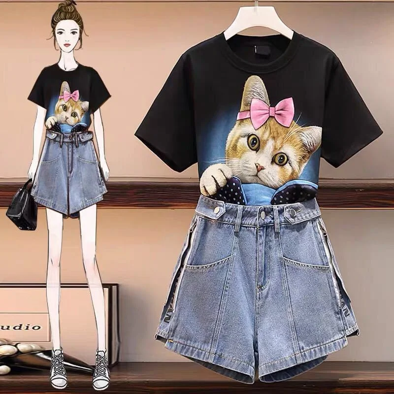 Summer Women Cartoon T Shirts Jeans shorts Suits fashion cat print short sleeve Tshirt + Wide leg shorts Sets
Summer Women Cartoon T Shirts Jeans shorts Suits fashion cat print short sleeve Tshirt + Wide leg shorts Sets