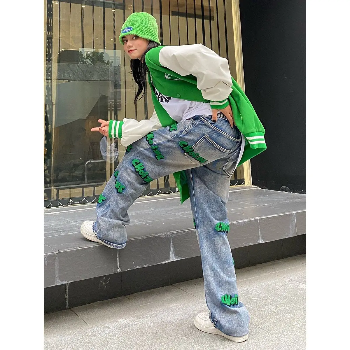 Embroidery high street style hiphop flocking jeans autumn wide-leg pants for men and women waist fashion clothes | Женская одежда