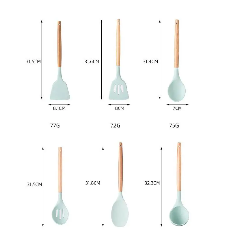 Wooden handle silicone kitchenware set 11-piece non-stick cookware special shovel spoon silicone kitchenware storage bucket set 
Wooden handle silicone kitchenware set 11-piece non-stick cookware special shovel spoon silicone kitchenware storage bucket set
