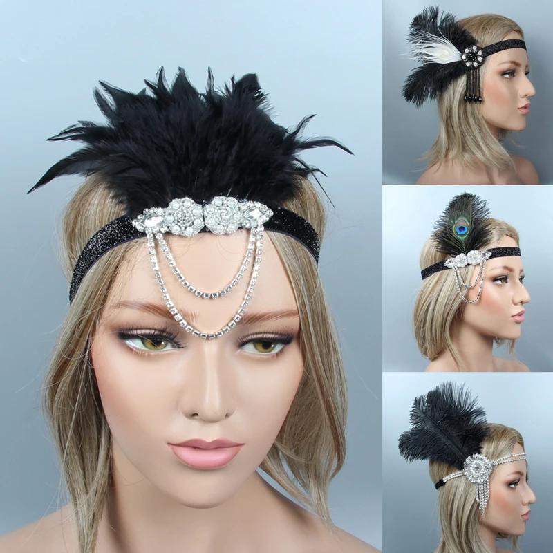 

1pc Women Rhinestone Beaded Hair Accessories 1920s Vintage Gatsby Party Headpiece Feather Headband Cocktail Lady