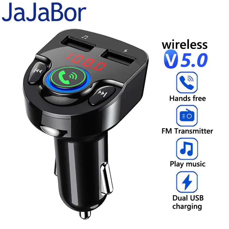 

JaJaBor FM Transmitter FM Modulator Bluetooth 5.0 Carkit Handsfree Calling Wireless Stereo A2DP Car MP3 Player Voltage Detection