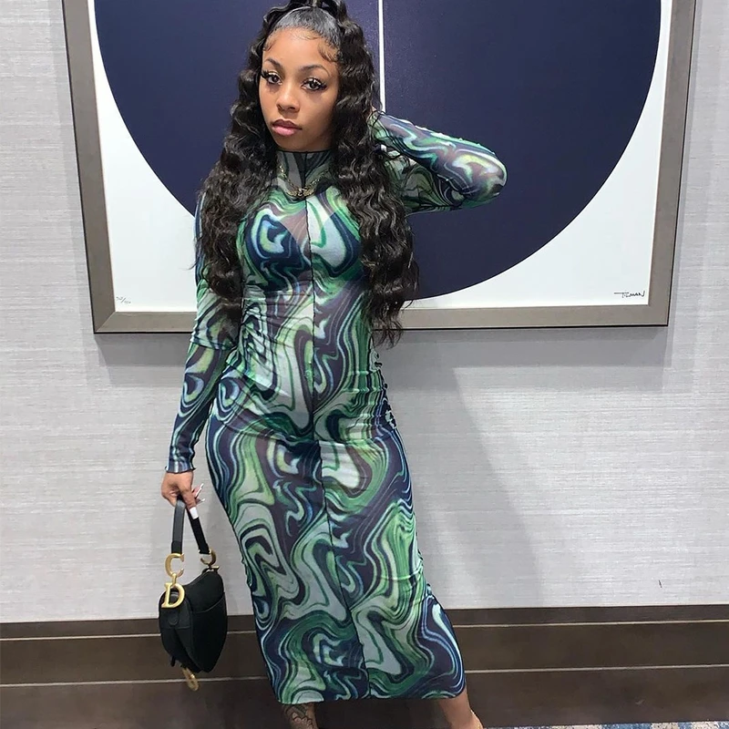 Women Green Printed Dress For Women Mesh See-through Full Sleeve O-neck Strechy Maxi Long Dresses Sexy Fashion Streetwear Autumn
Women Green Printed Dress For Women Mesh See-through Full Sleeve O-neck Strechy Maxi Long Dresses Sexy Fashion Streetwear Autumn