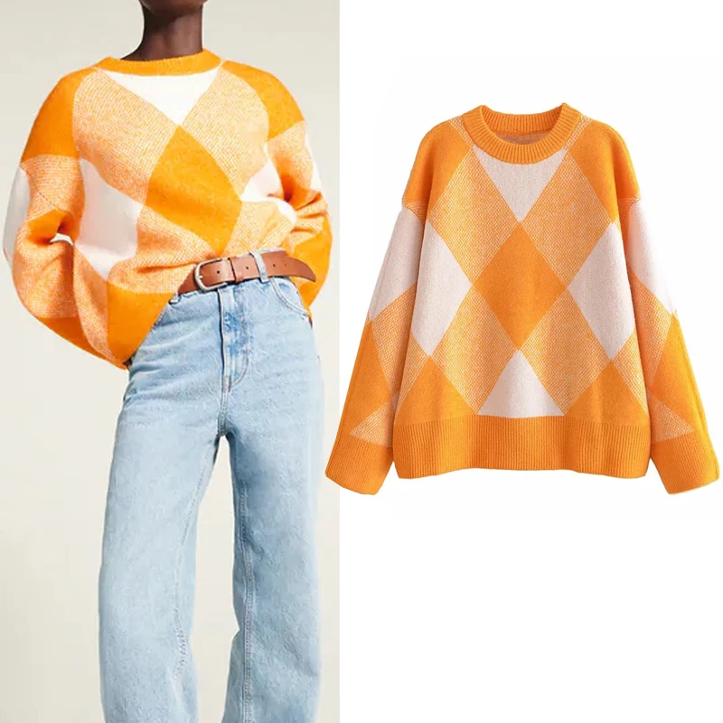 Za 2021 Argyle Knitted Sweater Women Orange Jacquard Vintage Sweater Autumn Long Sleeve Warm Woman Sweaters Pullover
Za 2021 Argyle Knitted Sweater Women Orange Jacquard Vintage Sweater Autumn Long Sleeve Warm Woman Sweaters Pullover