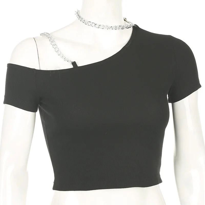 Summer personality irregular chain hanging neck hollow Short sleeve T-shirt women
Summer personality irregular chain hanging neck hollow Short sleeve T-shirt women