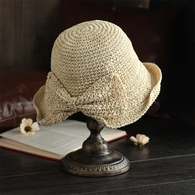 

Parent-child 100%Raffia Bow Sun Hat Wide Brim Floppy Summer Hats For Women Beach Panama Straw Dome Bucket Hat Femme Shade Hat