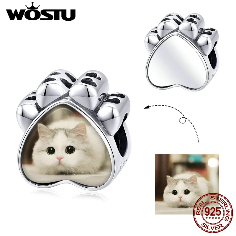 WOSTU персонализированные DIY Фото Милый Кот Шарм 925 стерлингового серебра Fit