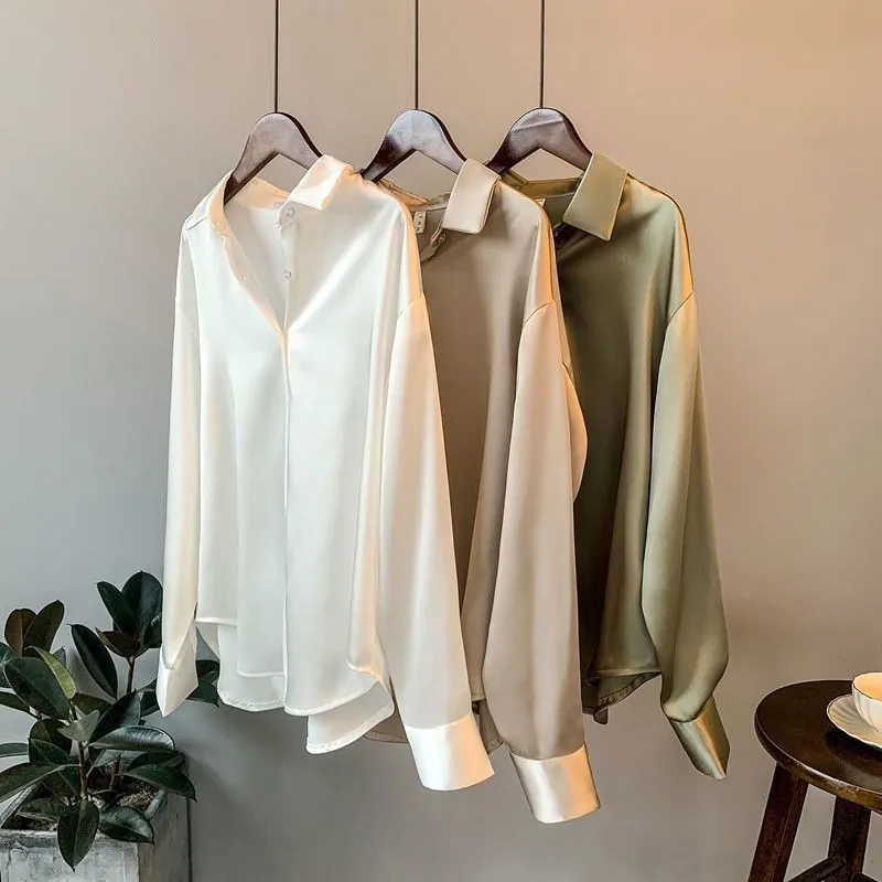 High Quality Elegant Imitation Silk Shirt Spring Women Fashion Long Sleeve Satin Shirt Retro Women Standing Street Shirt 2021
High Quality Elegant Imitation Silk Shirt Spring Women Fashion Long Sleeve Satin Shirt Retro Women Standing Street Shirt 2021