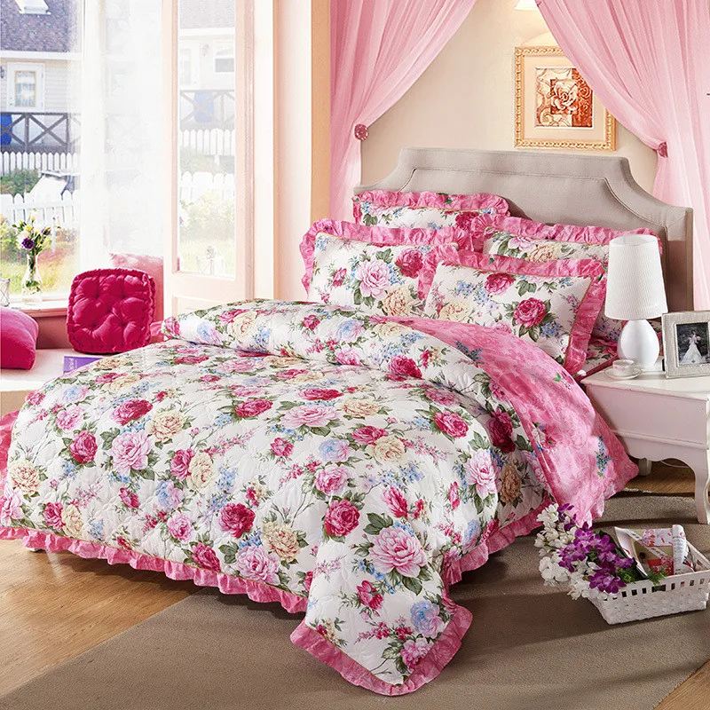 

4/6Pcs Shabby Chic Blossom Bedding set Lovely Spring Floral Colorful Vibrant Quilted Cotton Duvet Cover Bedspread Pillow shams