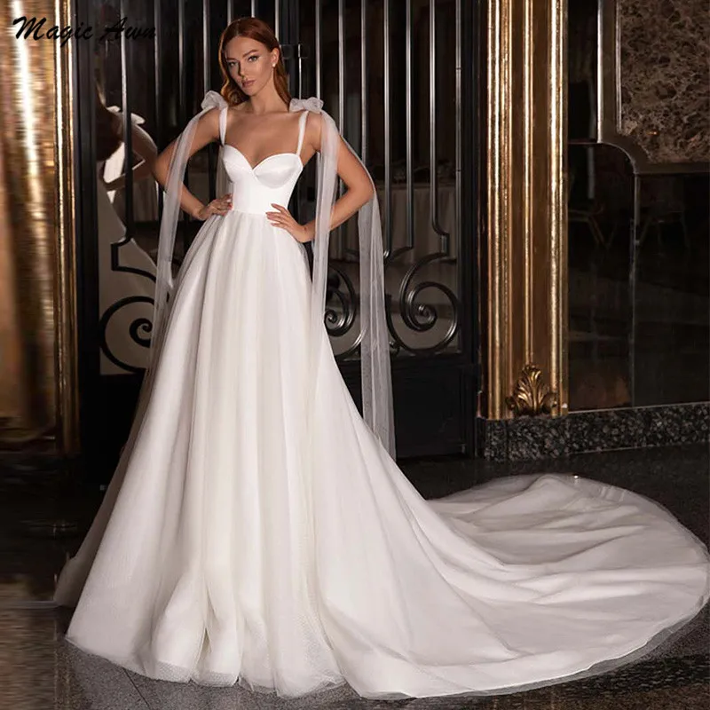 Magic Awn 2021 Elegant Satin Tulle Wedding Dresses Spaghetti Princess A-Line Boho Mariage Gowns Lace Up Back Robe De Mariee | Свадьбы и