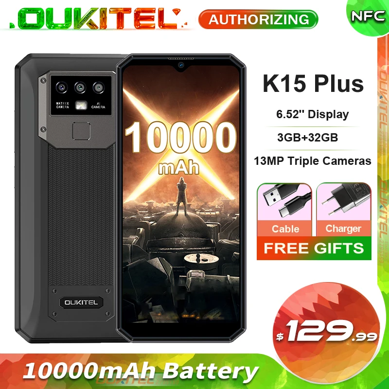 OUKITEL K15 плюс 10000 мАч Android 10 0 смартфон 3 ГБ + 32 6 52 ''Дисплей 13MP тройной камеры