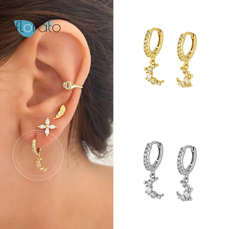 

925 Sterling Silver Ear Buckle Moon Hoop Earrings for Women Exquisite Luxury Crystal Earring Korean Fashion Females Jewelry Gift