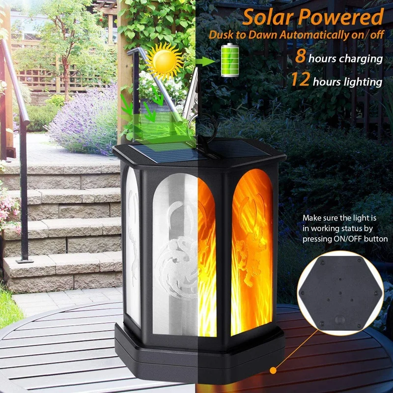 Solar Lantern Lights Dancing Flame Waterproof Outdoor Hanging Lantern Flickering Flame Torch Light 3 Lighting Modes Night Lights
