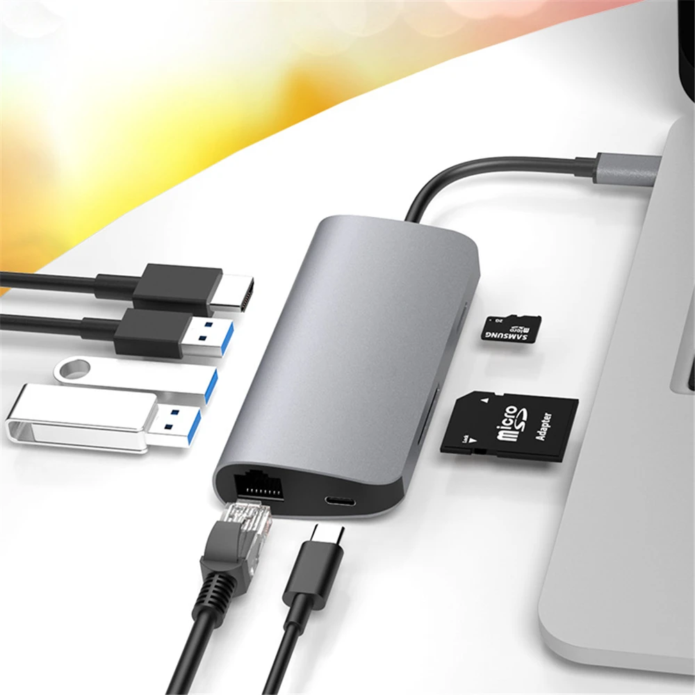 

Тип-C 8 в 1 к HDMI 4K док-станция для Алюминий сплава USB 3,0 концентратор TF/SD карты PD конвертер с гигабитный сетевой Порты и разъёмы адаптер