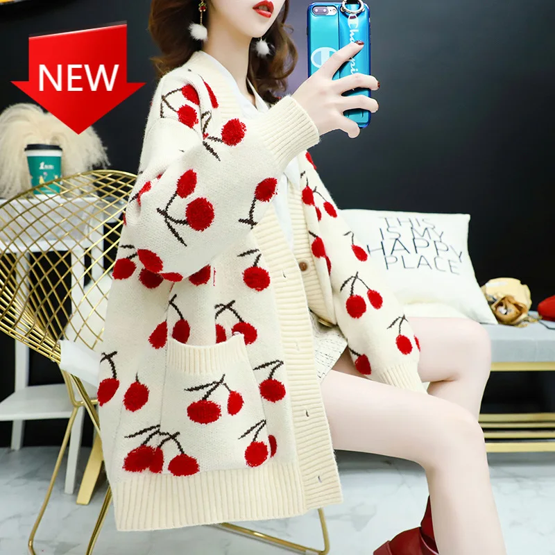 Женский вязаный кардиган, плотный свободный свитер красного цвета с вышивкой вишни на осень и зиму, 2021
Женский вязаный кардиган, плотный свободный свитер красного цвета с вышивкой вишни на осень и зиму, 2021