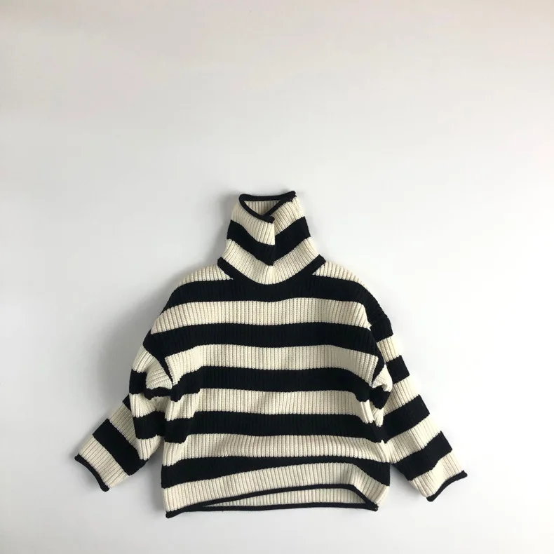 

9604D Детский свитер, классический детский свитер в черно-белую полоску, пуловер с высоким воротником, теплый свитер, зимние весенние топы для ...
