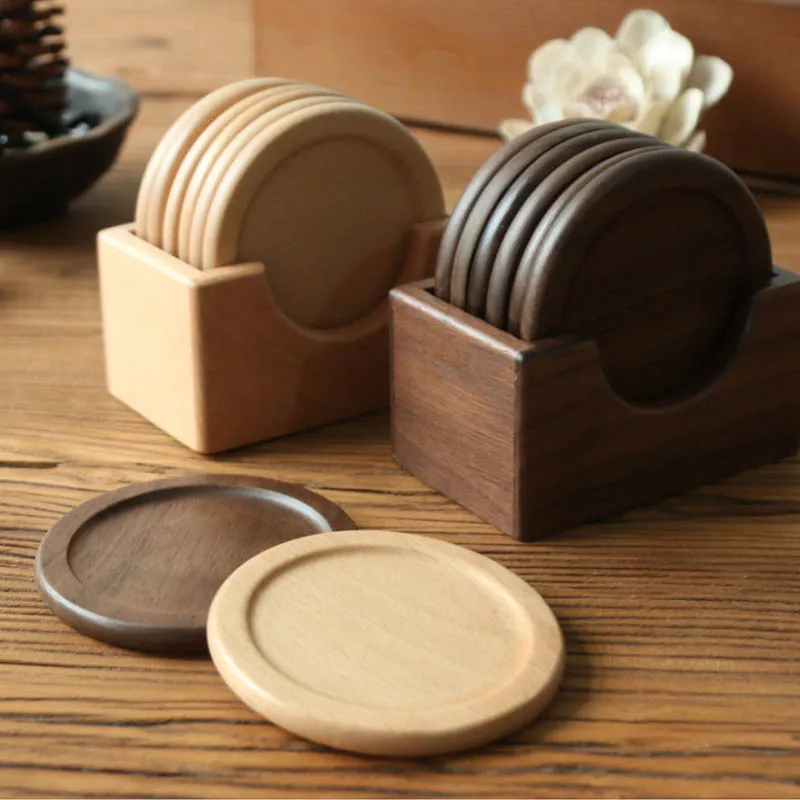 

Wooden Bamboo Coasters 6PCS with Holder for Glass Cups Mat Tea Cup Holder Beech wood Dark Walnut Home Decor Luxury Style