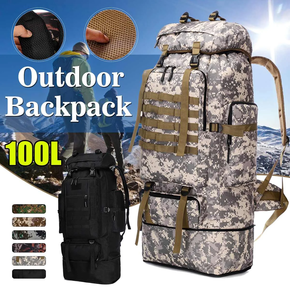100L Large Adjustable Hiking Climbing Backpacks Camouflage Softback Backpack For Men Women Sports Bags Camping Travel Rucksack
100L Large Adjustable Hiking Climbing Backpacks Camouflage Softback Backpack For Men Women Sports Bags Camping Travel Rucksack