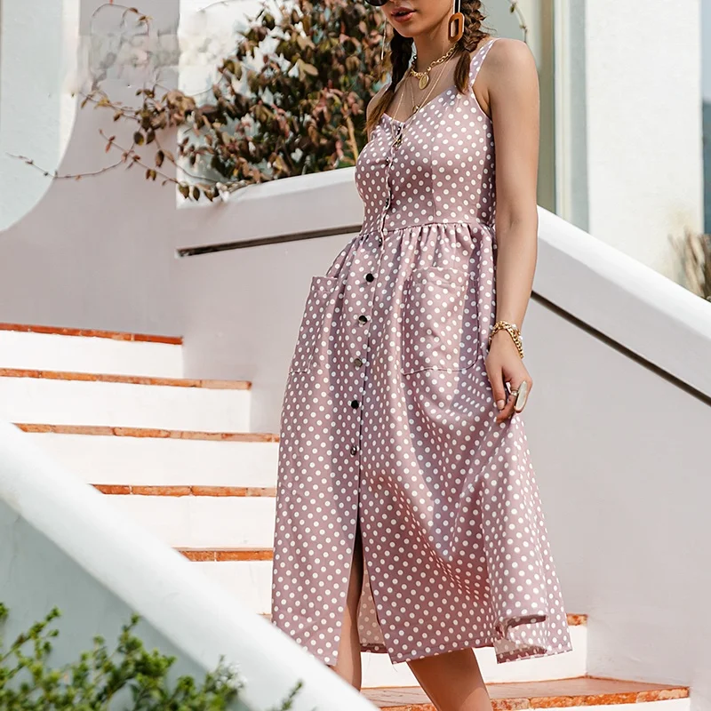 Casual Polka Dot Dress Sleeveless Holiday style high waist buttoned women's Dress Fashion Mid-length summer dresses NEW
Casual Polka Dot Dress Sleeveless Holiday style high waist buttoned women's Dress Fashion Mid-length summer dresses NEW