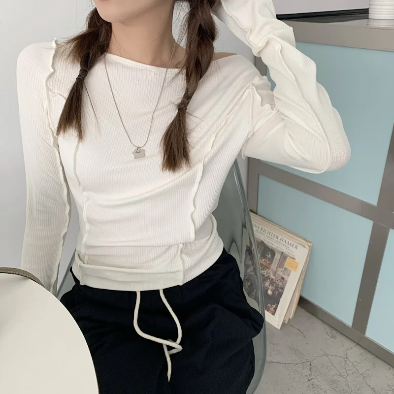 Fashion All-match Trend Shirring T-Shirts Korean Clothes New Spring/Autumn Short Section Women's Clothing Vintage Slash Neck 
Fashion All-match Trend Shirring T-Shirts Korean Clothes New Spring/Autumn Short Section Women's Clothing Vintage Slash Neck